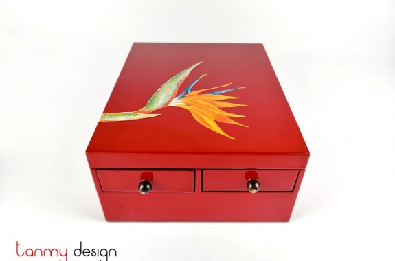 Red rectangular lacquer cabinet with 2 small drawers hand-painted with crane flower  22x28xH11 cm